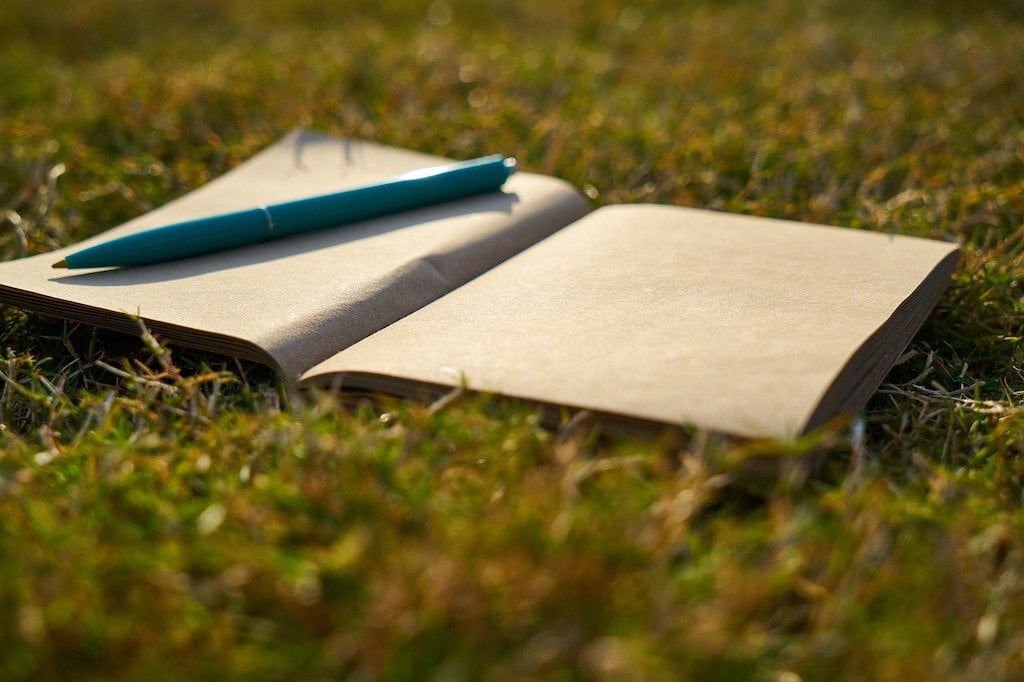 Notebook on grass with pen