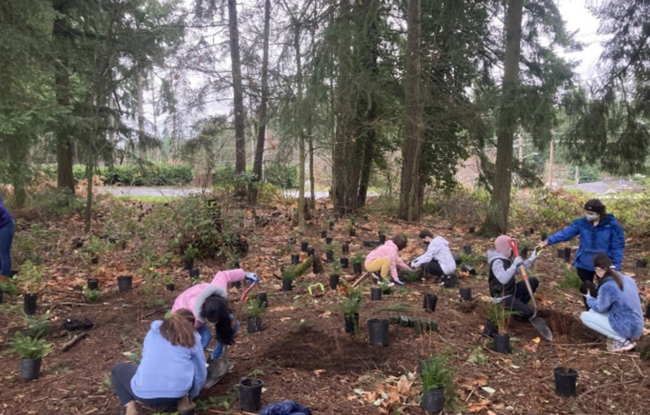 Students planting native trees as part of the Symbiotic Schoolyard curriculum.