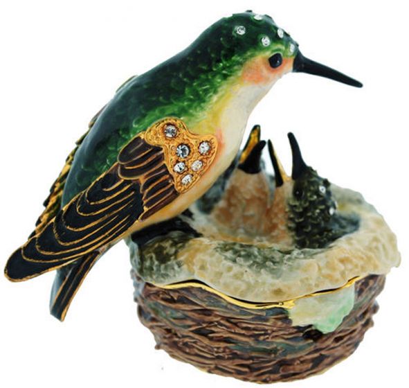 Hummingbird & Nest Bejeweled Enamel Trinket Box