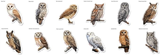 Owl Stickers Complete Set (12 Species)