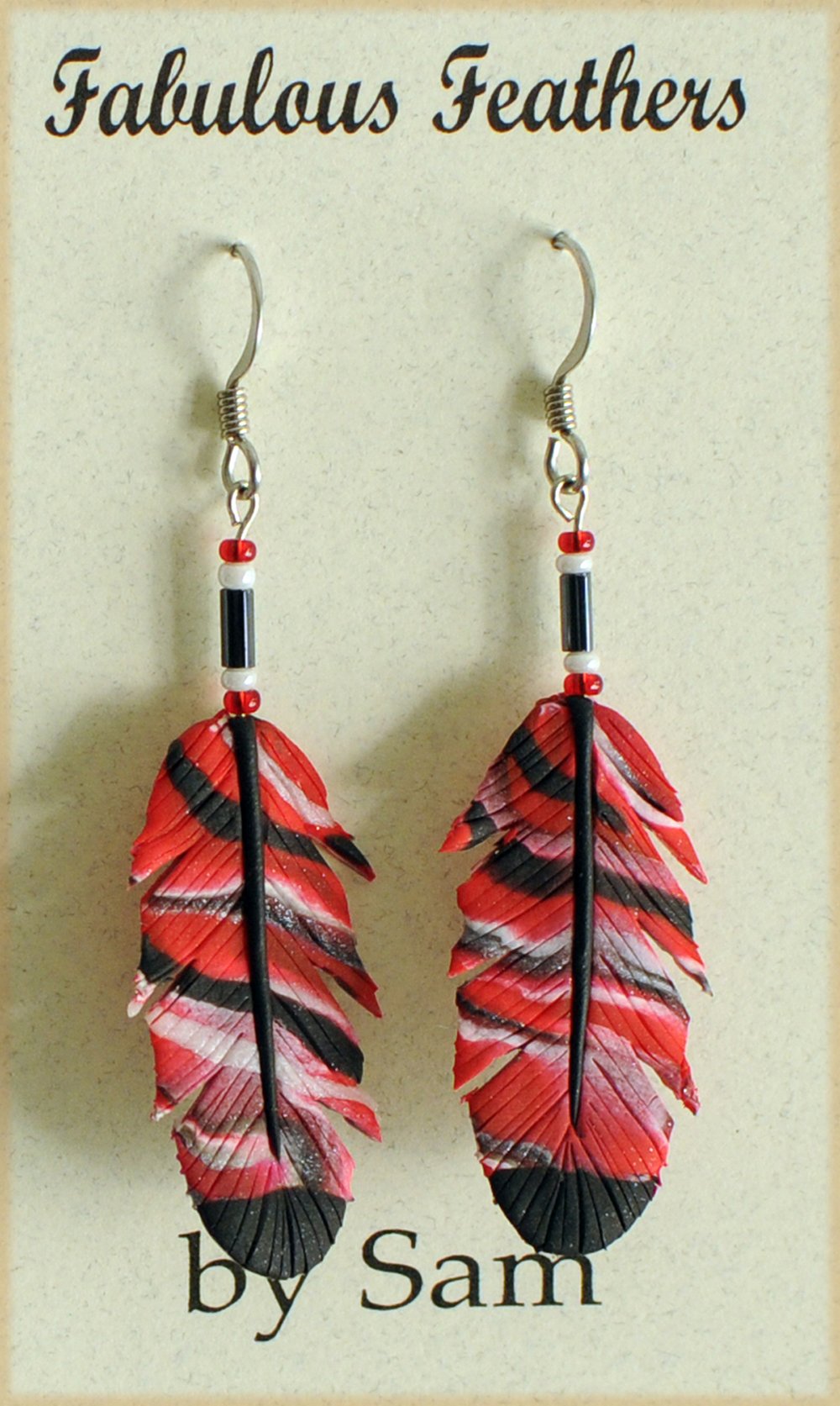 Cherry Clay Feather Earrings (Hook)